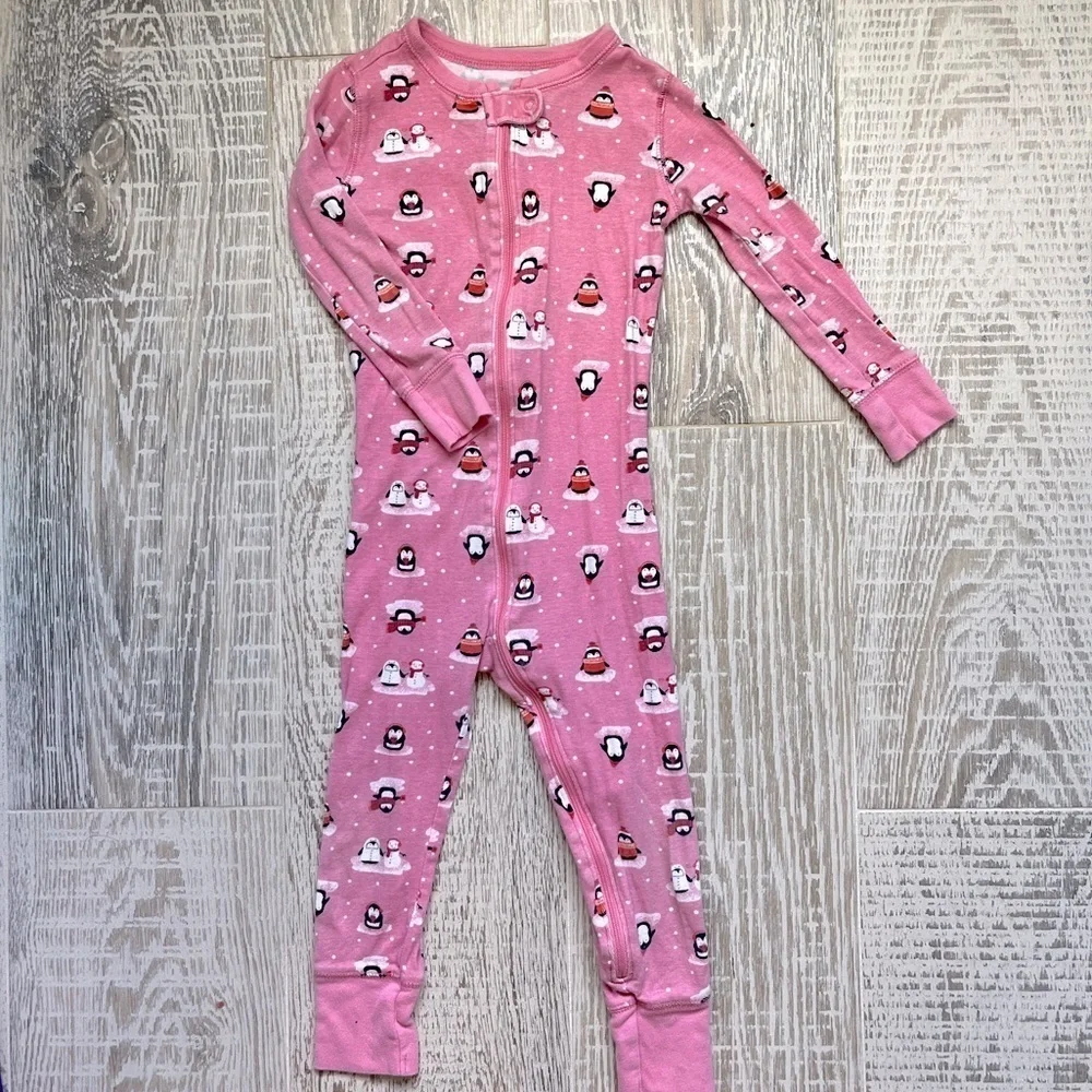 Old Navy Pink Penguin Zip Up Pajamas Footless Size 3T Girls